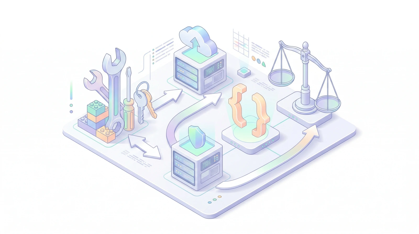 Isometric illustration of build vs buy decision: tools, cloud server, code brackets, and balance scale