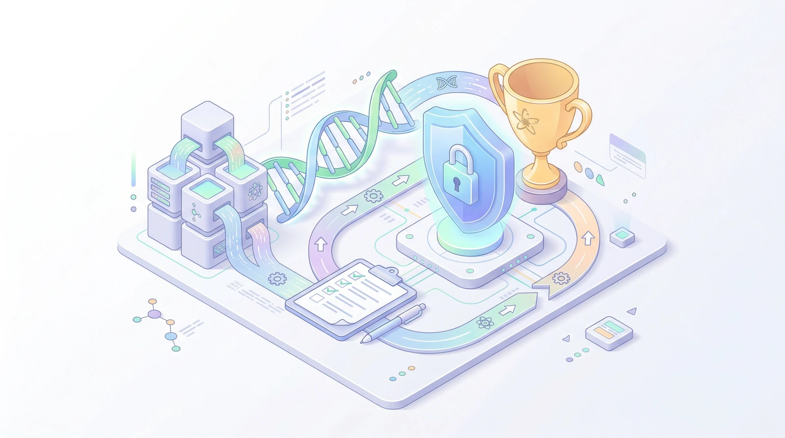 Isometric illustration of data compliance advantage: clipboard checklist, trophy, regulatory shield, and data streams