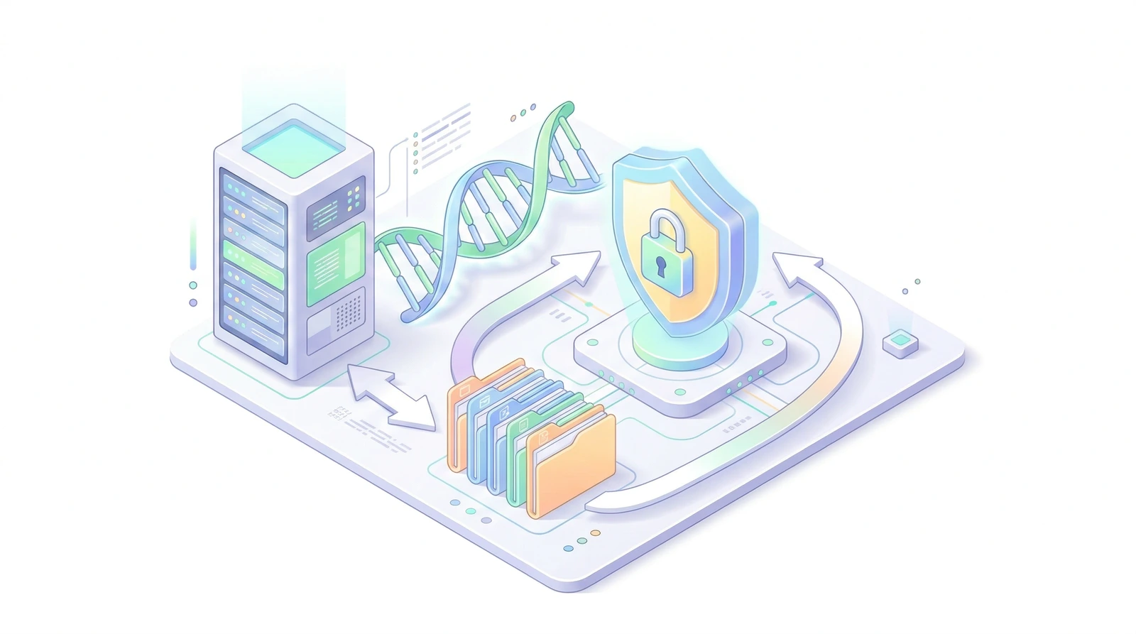 Isometric illustration of genomic data governance: server, DNA helix, security shield, and organized file folders