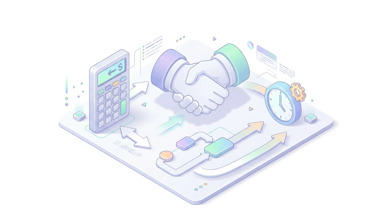 Isometric illustration of outsourcing ROI: calculator, handshake, pipeline workflow, and clock