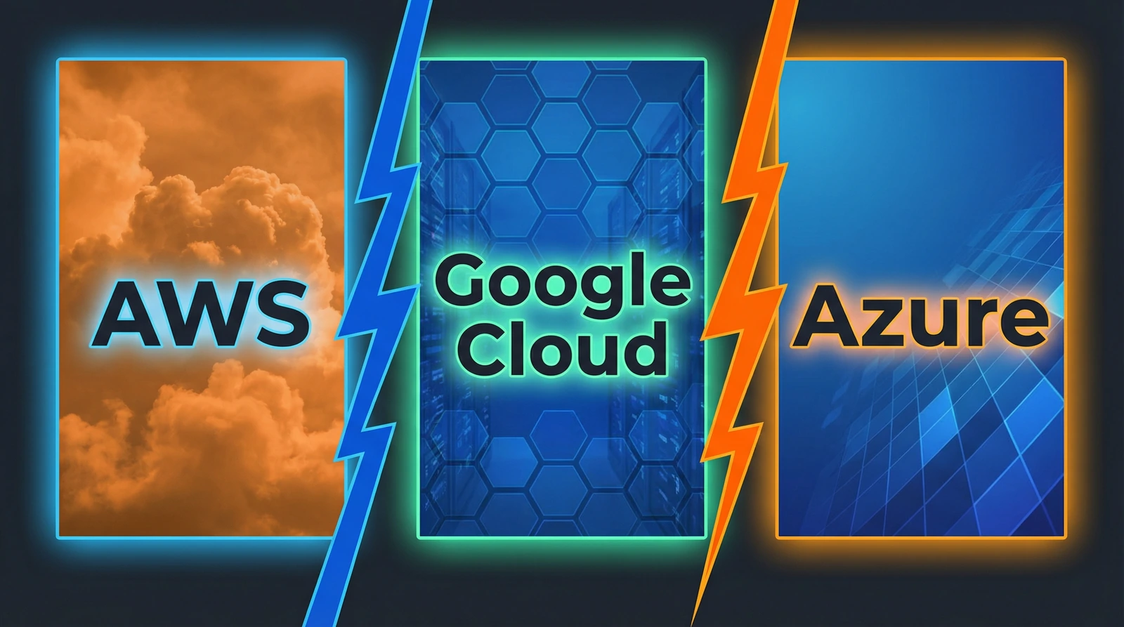 Three-way showdown graphic: AWS vs Google Cloud vs Azure cloud platforms