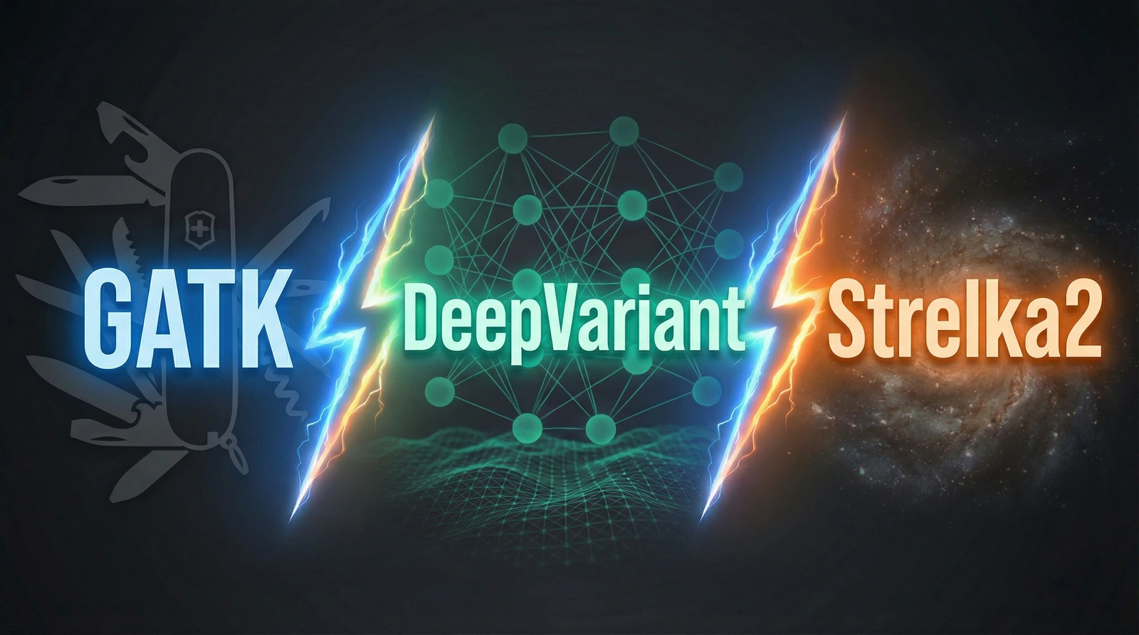 Three-way showdown graphic: GATK vs DeepVariant vs Strelka2 variant callers