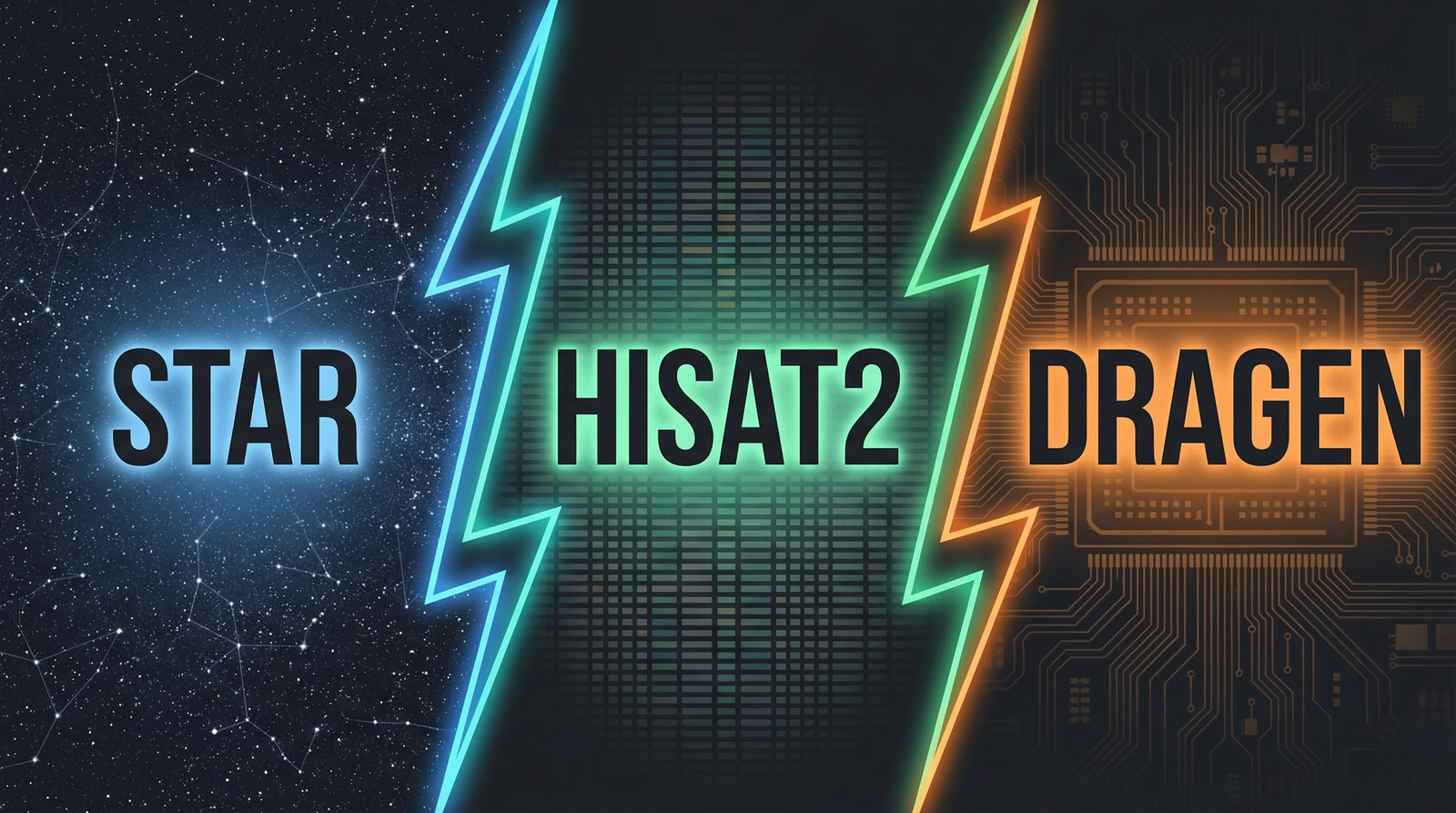 Three-way showdown graphic: STAR vs HISAT2 vs DRAGEN RNA-seq aligners