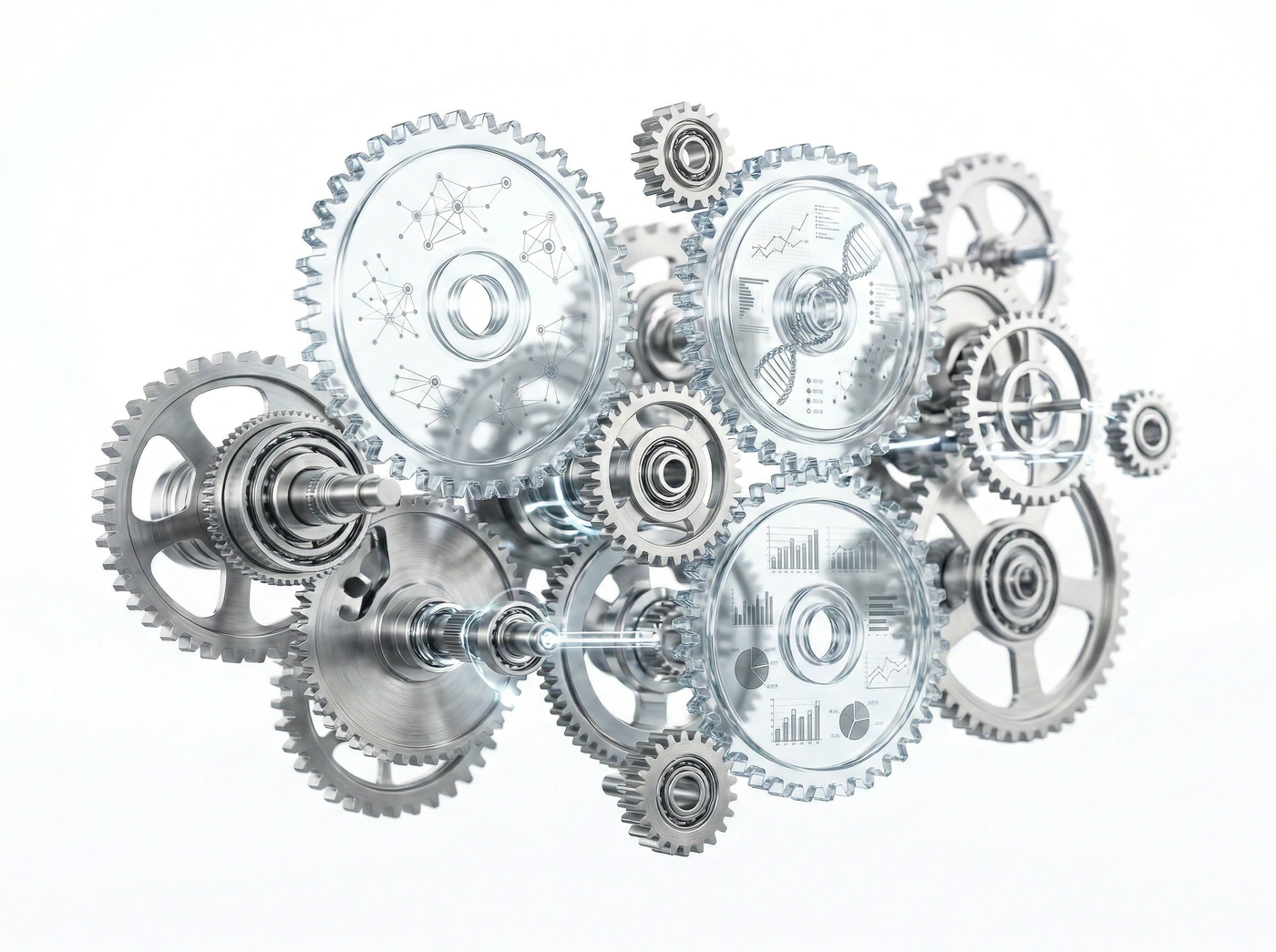 Interconnected translucent glass and metal gears with data visualizations etched inside — representing systems thinking and operational expertise