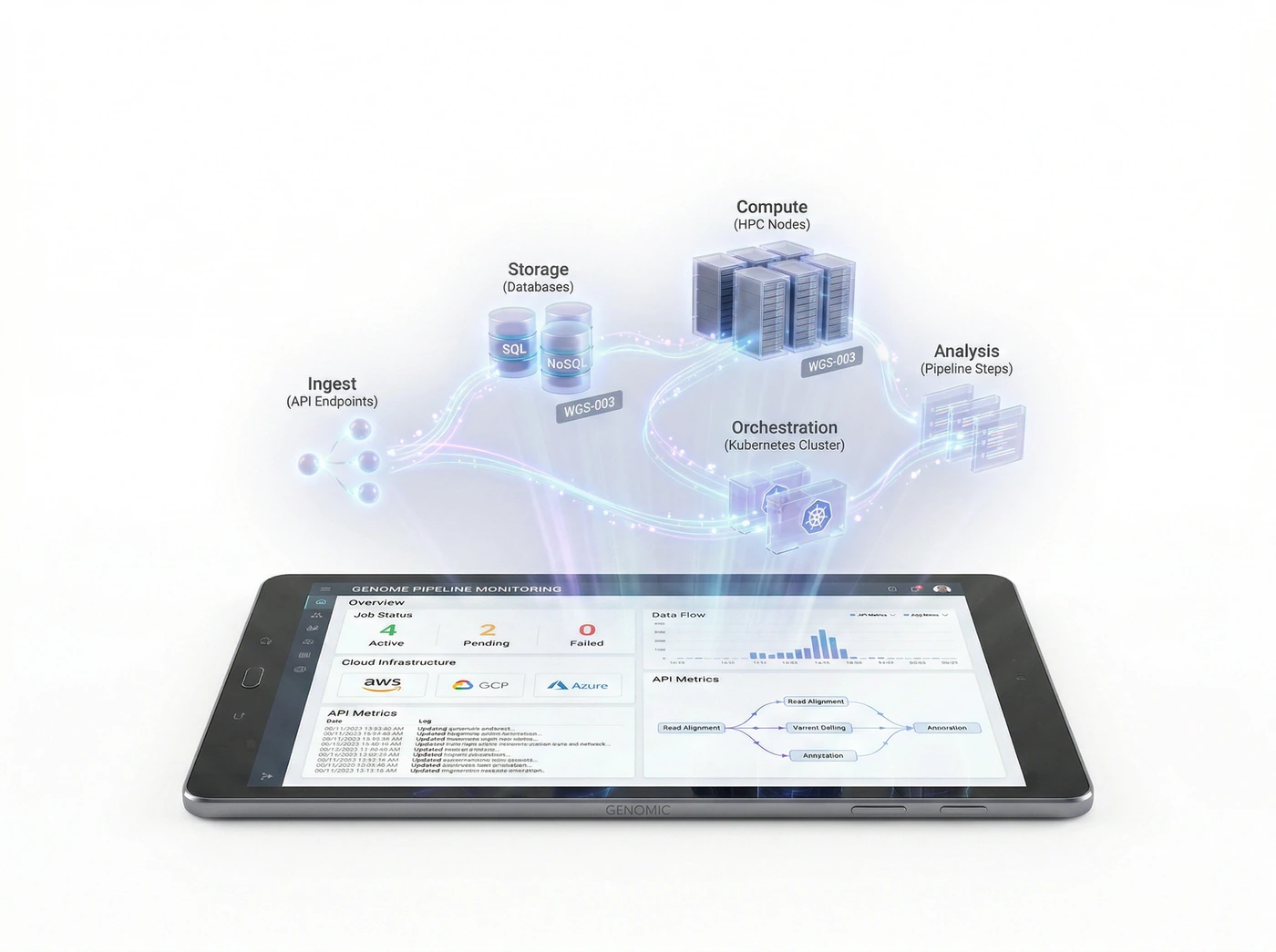 Tablet displaying bioinformatics pipeline monitoring dashboard with holographic cloud architecture components rising above — ingest, storage, compute, orchestration, and analysis