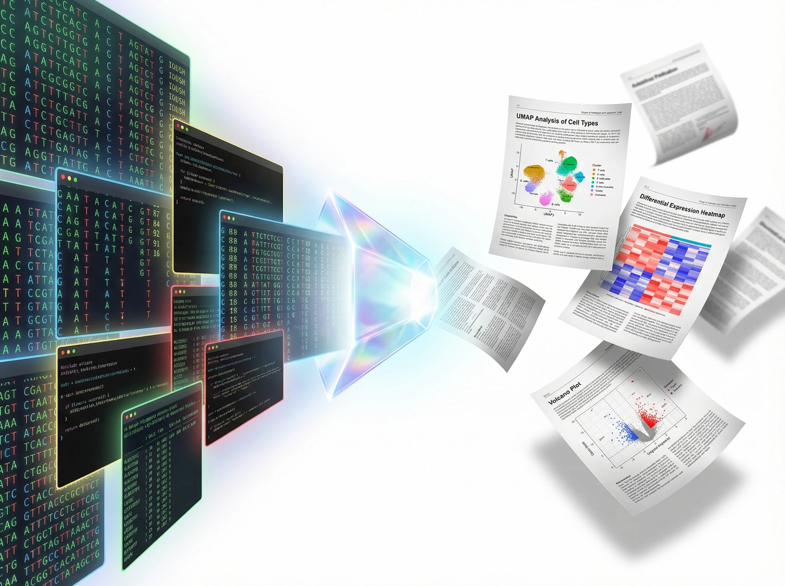 From raw sequencing data to publication-ready figures — FASTQ files transformed through quality analysis, alignment, and clustering into a single-cell transcriptomic landscape